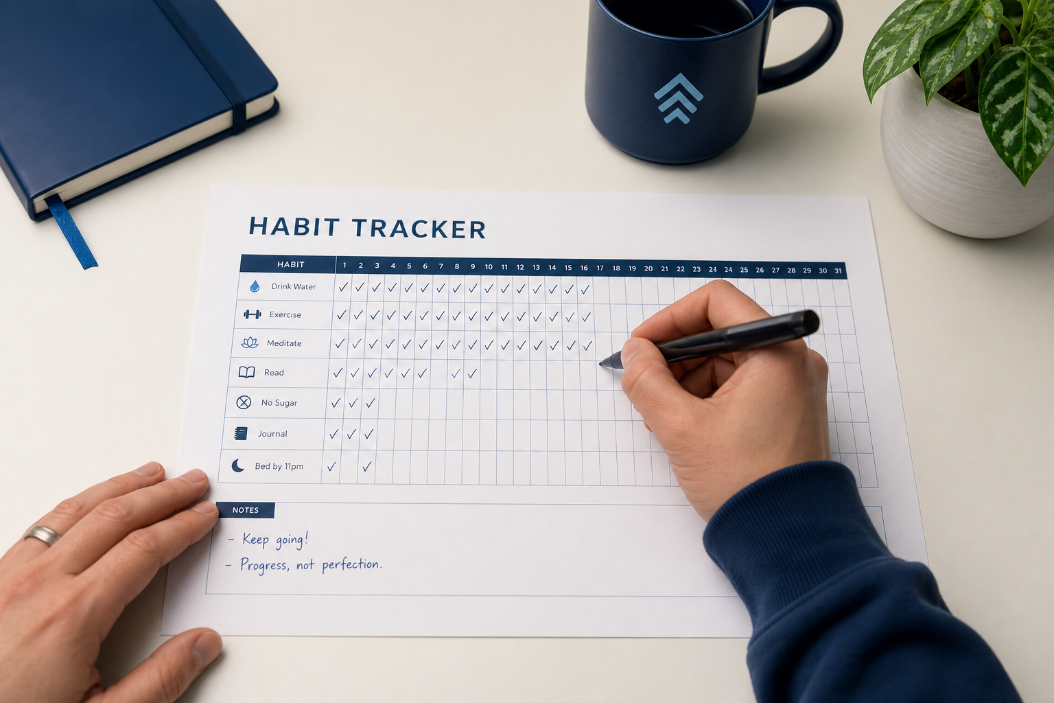 Moveyouth habit tracking calendar on a clean desk